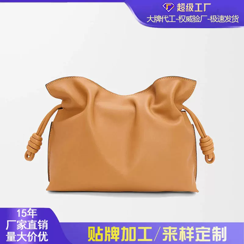 跨境单肩包新款时尚简约福袋包包女抽绳软皮斜挎包休闲褶皱云朵包