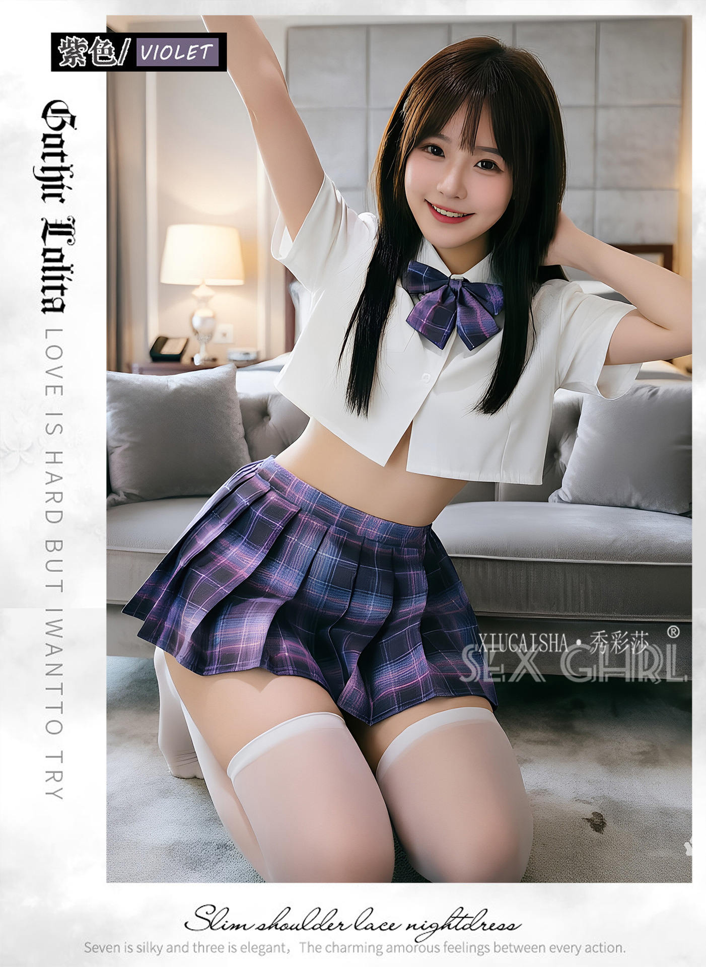 Student-Style Roleplay Lingerie Set with Plaid Skirt, Top, Bow Tie, Thong and Stockings — detail image 14