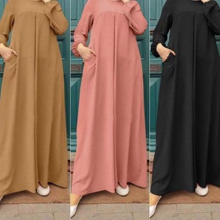 2024 Cross-border Middle East Muslim Women's Casual Solid Color Stitching Rubber Cuff Women's dress Dress in stock