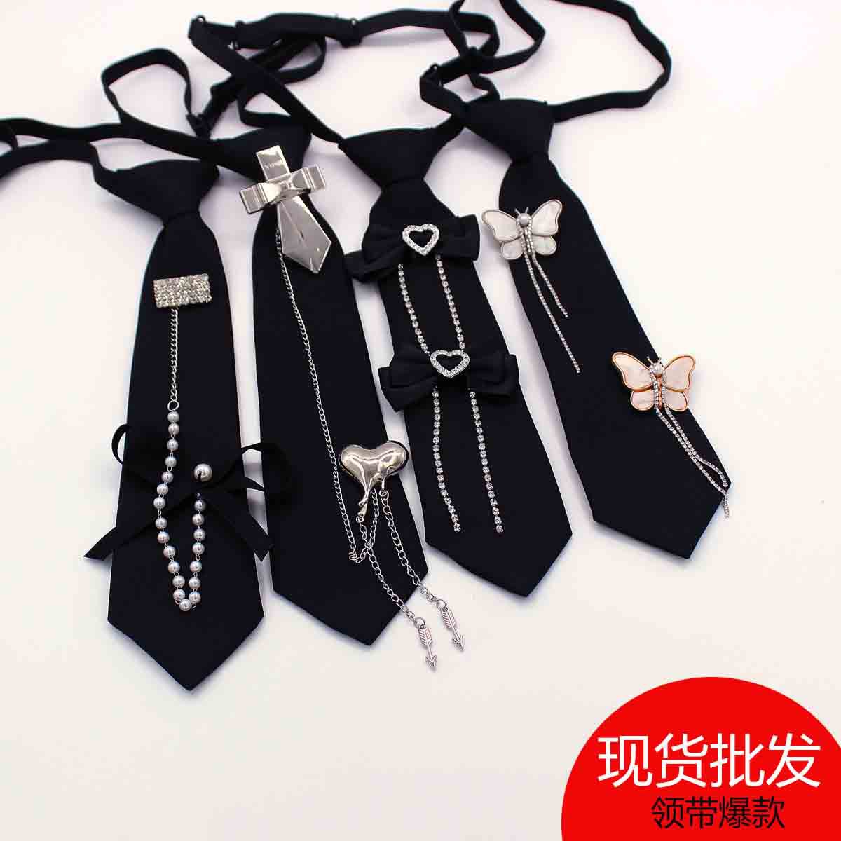새로운 한국식 검은 넥타이 여자의 대학 스타일 무료 넥타이 모조 다이아몬드 활 jk 나비 넥타이 장식 크로스 보더