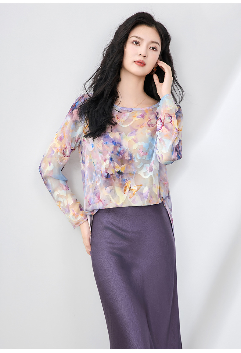 Áo sơ mi cổ tròn phong cách Tân Trung Hoa, chất liệu voan cắt hoa thanh lịch, tay ngắn mùa hè — Hoa bướm màu hồng chi tiết 27