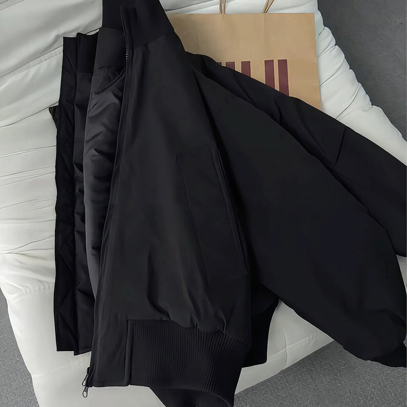 Black Bomber Jacket Men's Winter Quilted Thickeneded Jacket Stand Collar Silhouette Short American Cotton Baseball Jacket