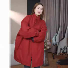 红色立领收腰中长款风衣外套早春季宽松高级感休闲大衣夹克654571