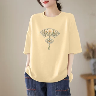 夏季新款大码宽松潮版奶黄色印花短袖宽松设计感小众纯棉t恤上衣