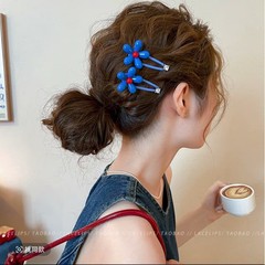 韩系蓝色花朵水钻发夹女边夹侧边碎发刘海鸭嘴夹子高级感百搭夹子