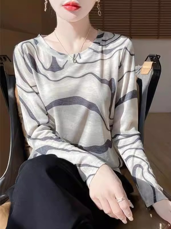 复古扎染印花长袖T恤女春季薄款防晒空调衫天丝莱赛尔内搭打底衫|undefined