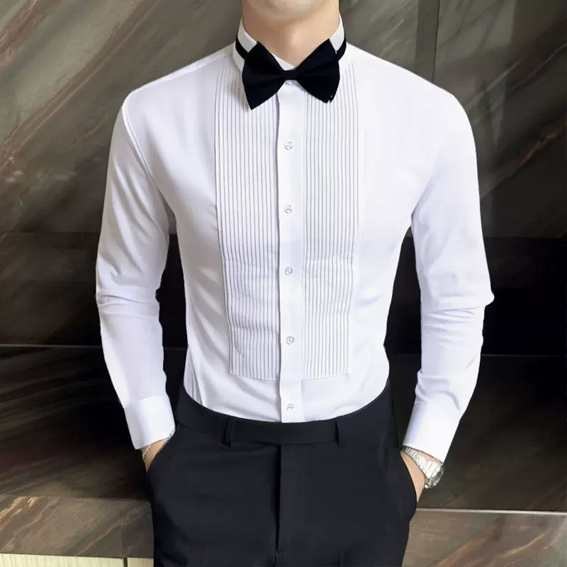 新郎结婚长袖衬衫男时尚褶皱礼服衬衣男士婚礼宴会演出衬衫批发