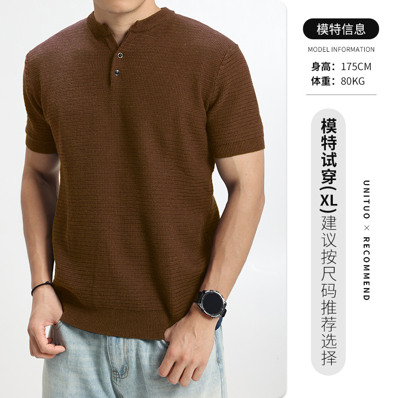 Cross-border hombre lujoso ligero Vogue punto de manga corta Henry cuello botón media manga camiseta de alta calidad europea y americana ropa de hombre