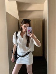设计感白色翻领长袖连衣裙女秋季气质chic衬衫裙显瘦辣妹包臀短裙