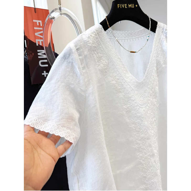 女性のための重厚な刺繍Vネックコットンとリネンの半袖シャツ、新しい夏のスタイル、ゆったりしていて超見栄えの良いフレンチトップ、ユニークなシャツ|undefined