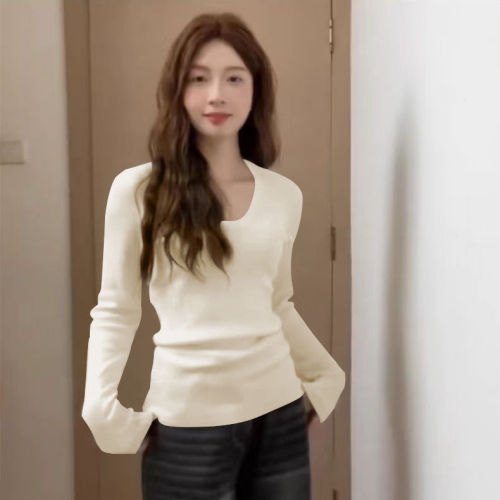 New Autumn 2025 U-Neck Fleece Base Layer Top for Women, Slimming and Body-Concealing, Regular Shoulder Length Sleeve, Versatile Pure Color Top with Elasticity