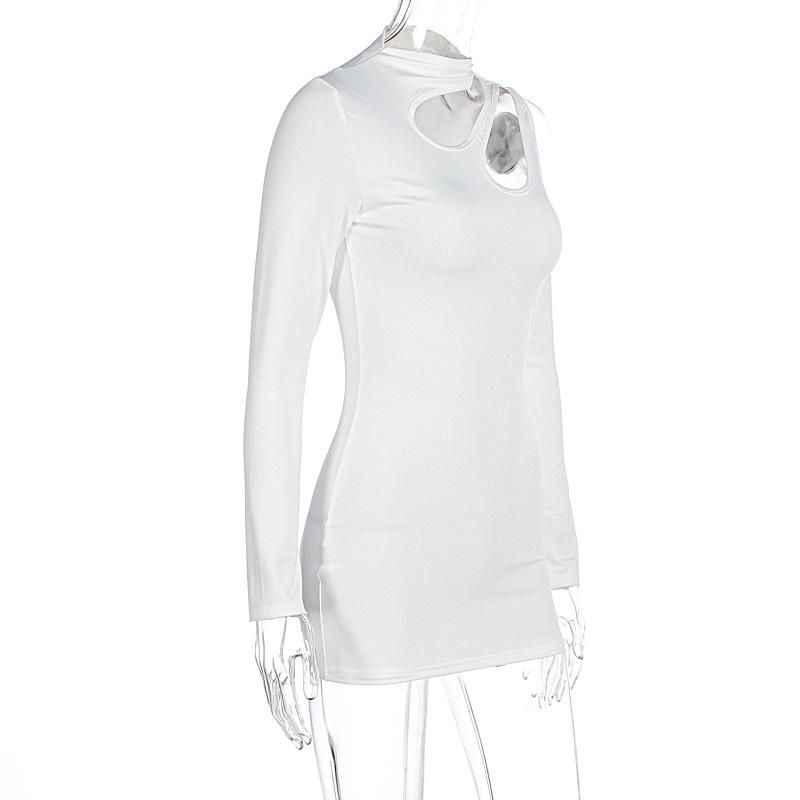 Women Clothing Autumn Winter Sexy Slim Solid Color Hollowed Sexy Long Sleeve Dress Women
