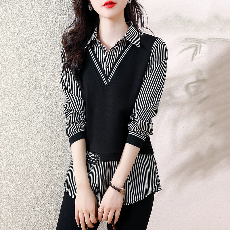 2023 Весенняя новая маленькая рубашка с длинными рукавами, модная свободная тонкая рубашка из двух предметов из искусственной кожи, женская рубашка в иностранном стиле, скрывающая живот