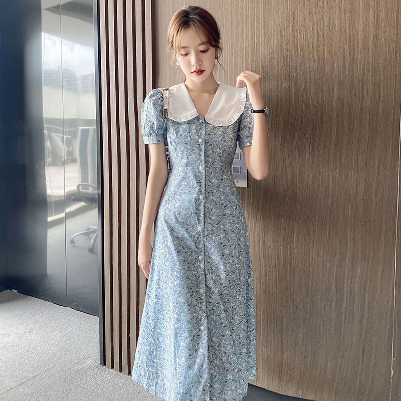2021 summer new french doll led bubble sleeve flower dress sweet small child waist A word long skirt