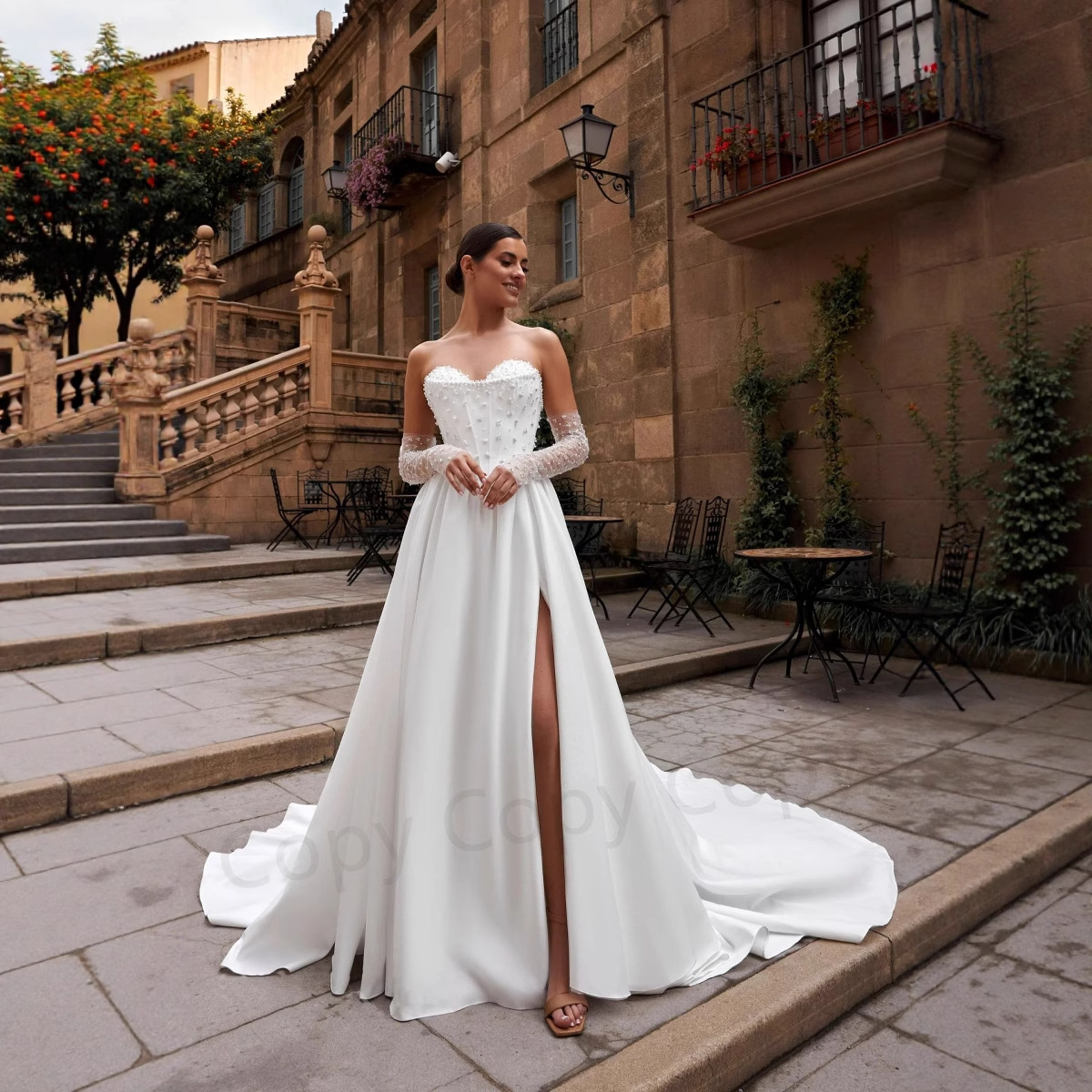 New Style Wedding Dress, French Satin, Strapless, Slimming, Light Wedding Dress, Simple Slit, Small Train, Travel Photography, Forest Style, Fairy-Like Reception Dress