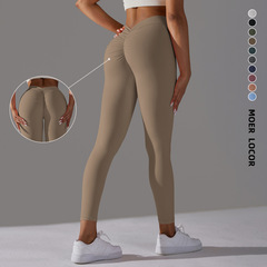 無T線裸感輕盈運動健身褲女緊身V腰褶皺蜜桃美臀褲磨毛瑜伽訓練褲