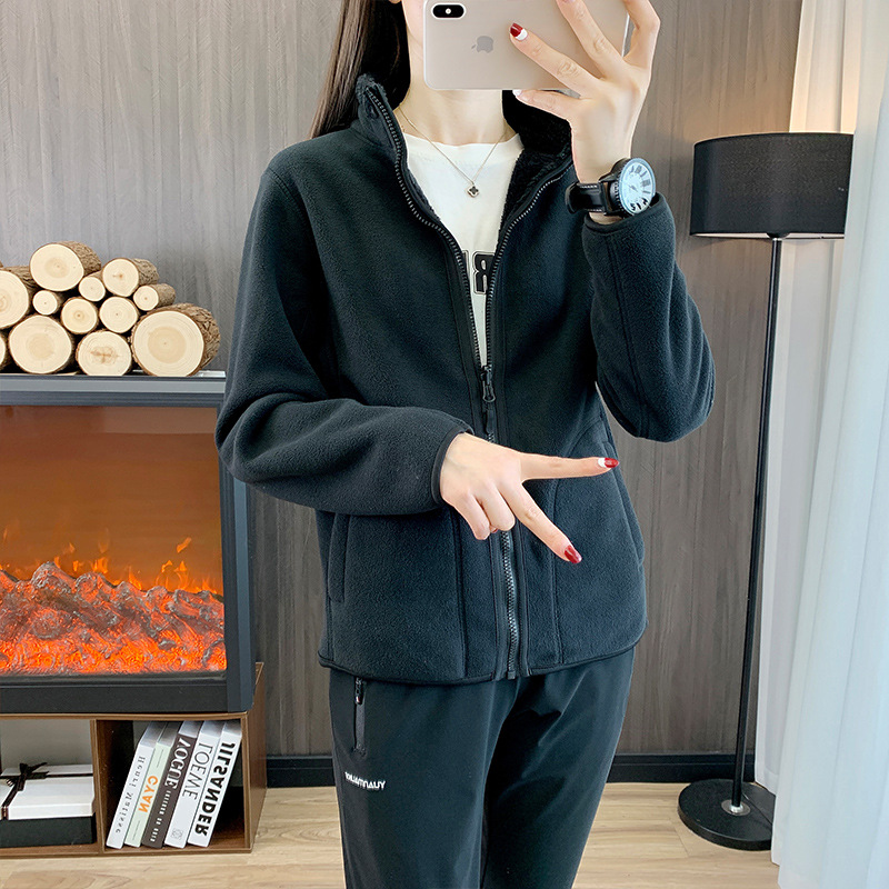 Autumn and Winter Outdoor Stand-Up Collar Fleece-Lined Warm Double-Sided Coral Velvet Jacket Fleece Jacket for Men and Women Couples Polar Fleece Cardigan