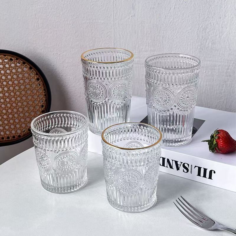 Taza de cristal de flores de sol retro red taza de agua en relieve de alto valor de la cara taza de café taza de leche de avena con mango taza de agua