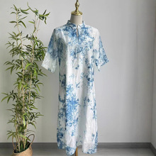 云南贵州手工蓝染连衣裙扎染旗袍裙新中式立领中袖复古双层裙子