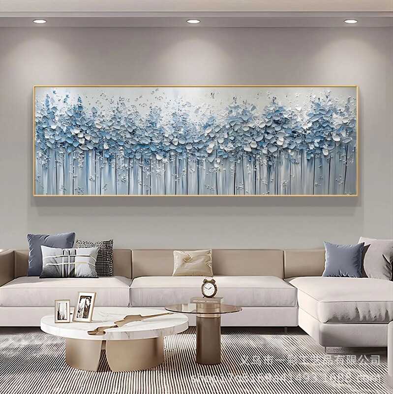 Abstract Oil Painting Blooming Blue Flowers Canvas Oil Painting Abstract Azure Gray Living Room Decoration Large Wall Art
