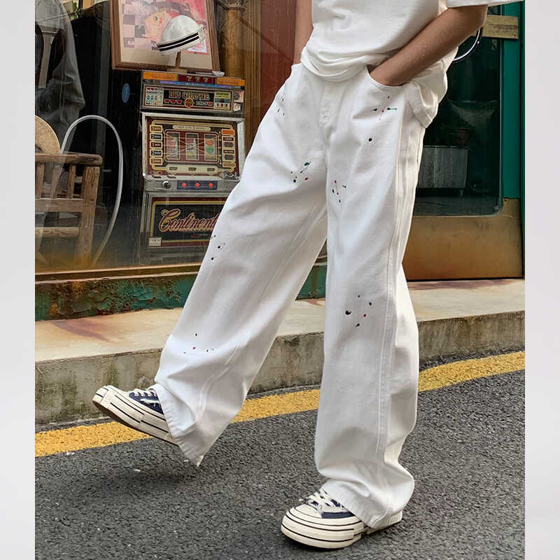 Jean blanc Splash Ink pour homme, marque américaine haut de gamme délavée, pantalon décontracté ample à jambe droite, tendance_voghion.com