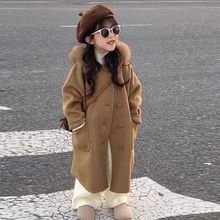 韩国童装女童呢子大衣秋冬季新款小女孩洋气时髦大毛领连帽外套潮