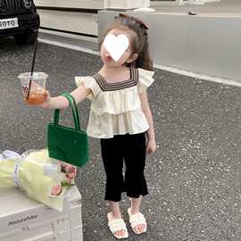女童荷叶边套装韩版儿童时髦洋气夏季童装衣服宝宝七分裤两件套潮