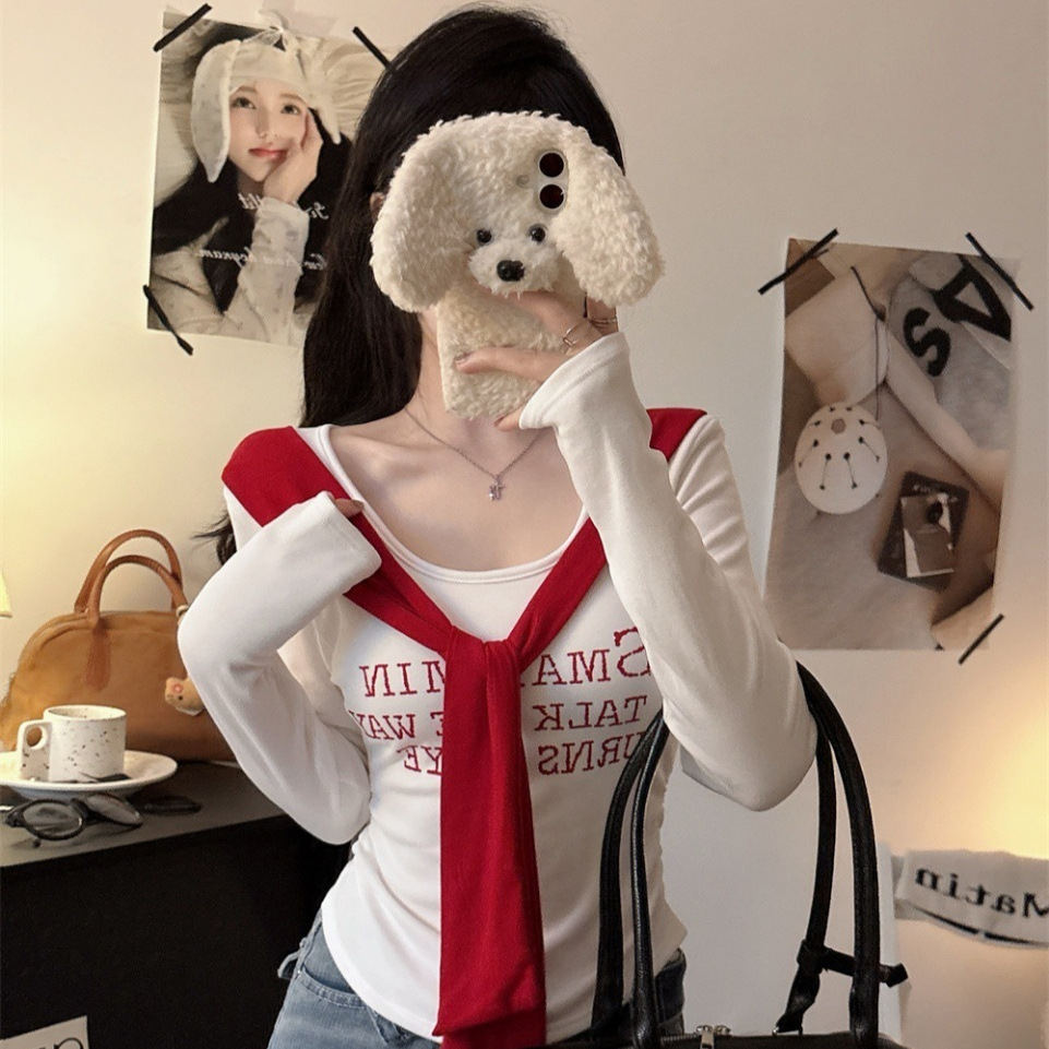 5177#初秋磨毛甜美风字母印花撞色长袖T恤显瘦修身固定带胸垫百搭