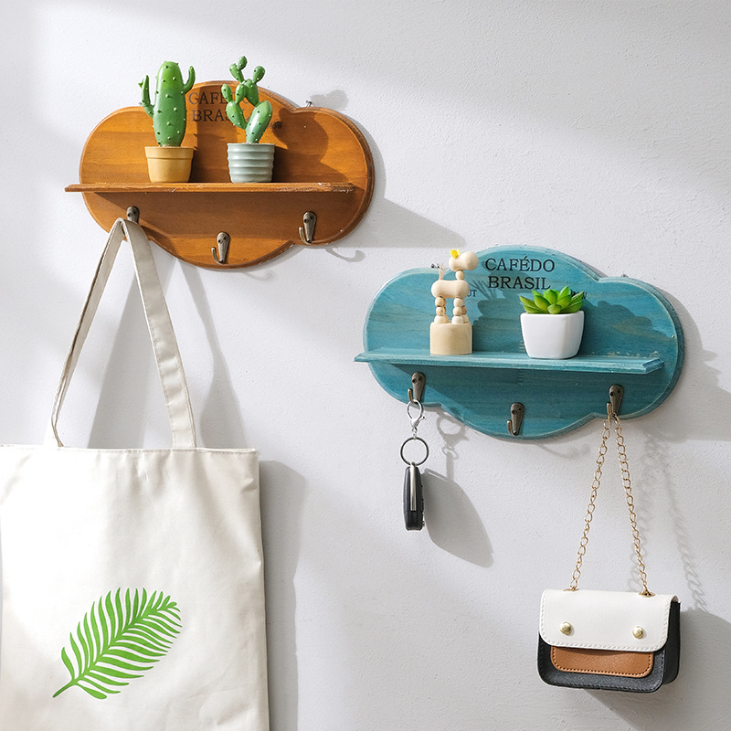 Yunduo solid wood shelf rack wall one-word partition log coat rack wall hanging Nordic row hook coat rack