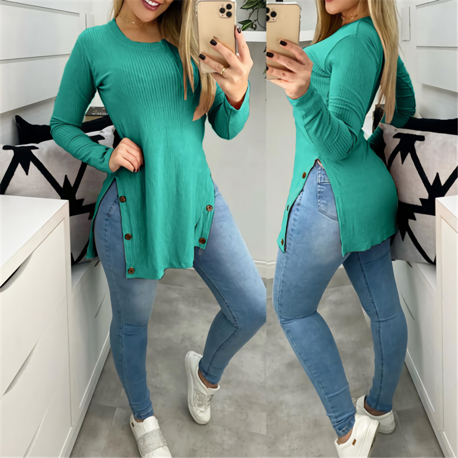 Pit Strip Solid Color Round Neck Slit Button Long-Sleeved T-Shirt NSLZ82898