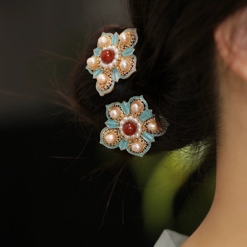 Tang Ming Style Floral Brocade Hanfu Hair Accessories, Simple and Elegant, High-end Sense, Pearl Retro Blue, Five-Star Floral Hairpins and Hairpins