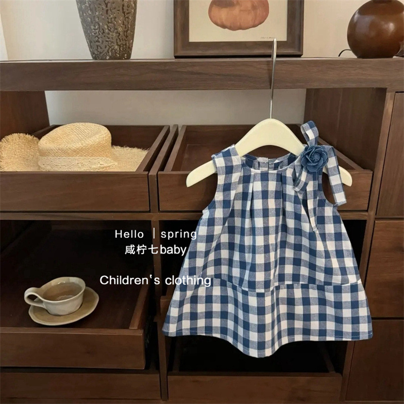 Xianning siete niñas pequeño vestido fresco verano 25 nuevo estilo estilo occidental vestido de chaleco a cuadros azul para niños vestido de princesa