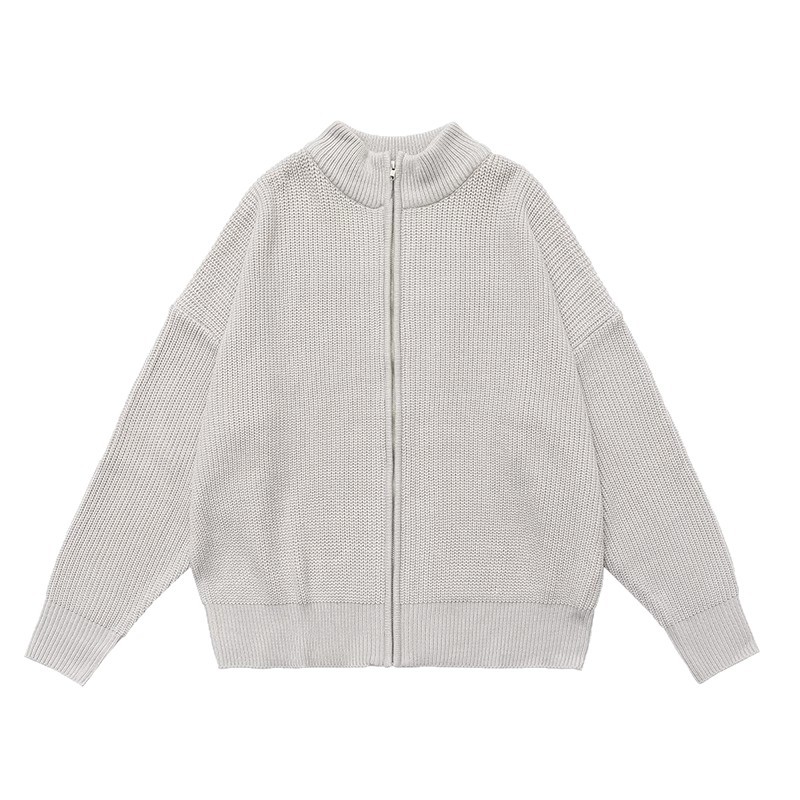 Unisex Zip-Front Knit Sweater – Oversized Drop-Shoulder Cardigan With Stand Collar (Polyester Fleece, Grey/Black, M-3XL)_voghion.com