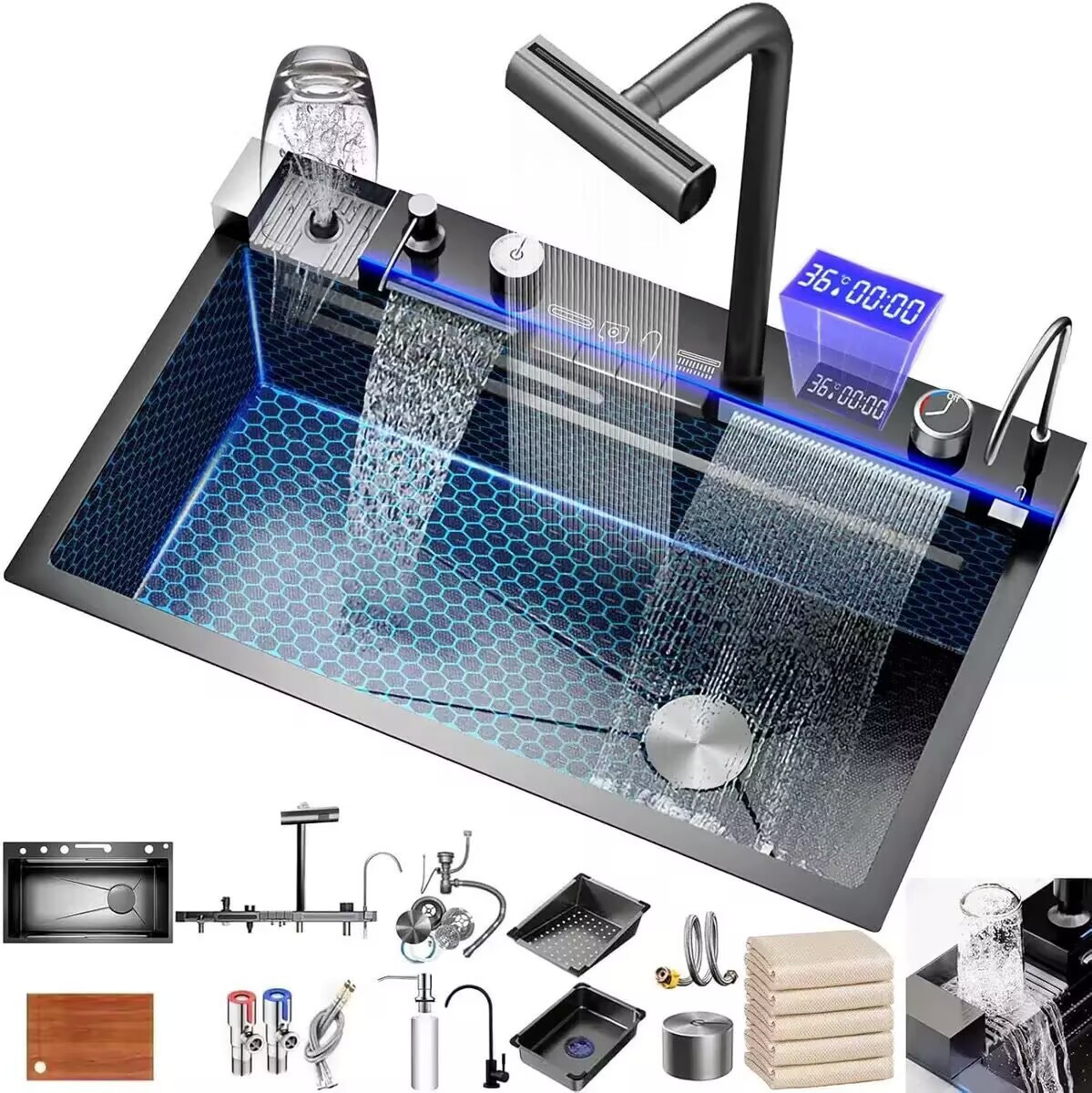 Fregadero grueso 304 piano panal arowana cocina pantalla digital cascada de un solo tanque nano fregadero de lluvia de acero inoxidable