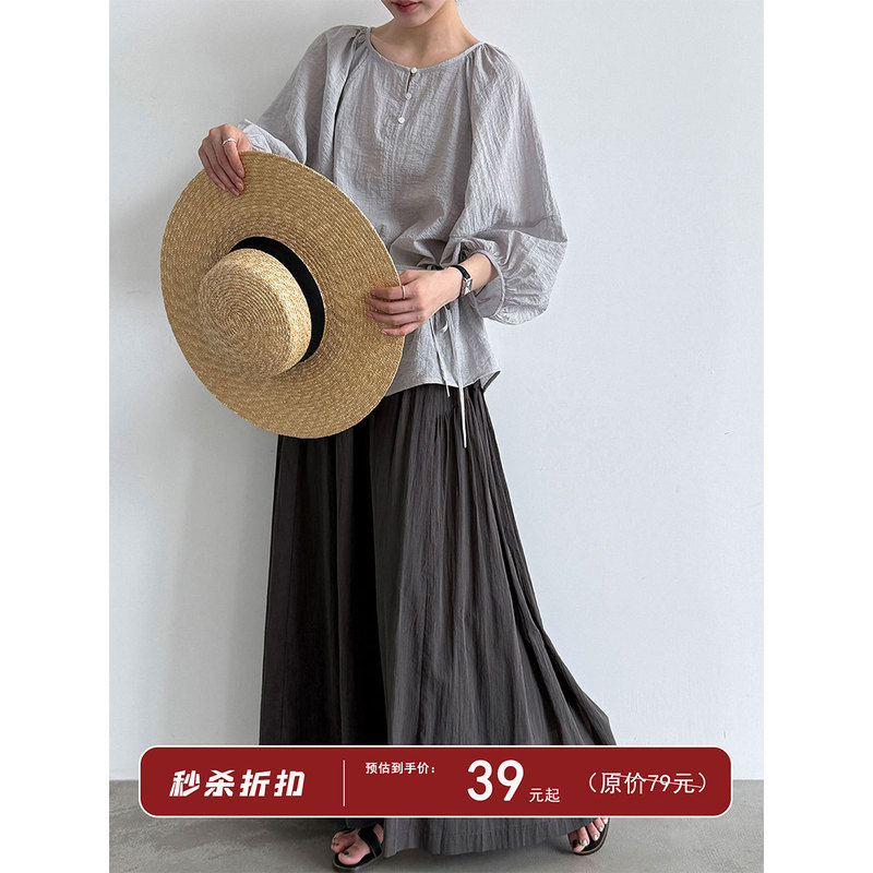 Luxi Lace-Up Waist Puff Sleeve Refreshing Breathable Blouse for Women 26 Summer New Three-Quarter Sleeve Shirt Top 99036