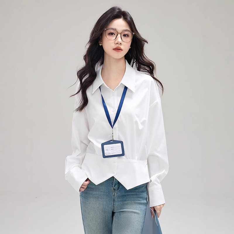 法式开叉白色衬衫女早秋新款时尚上衣职业通勤穿搭长袖设计感小众|undefined