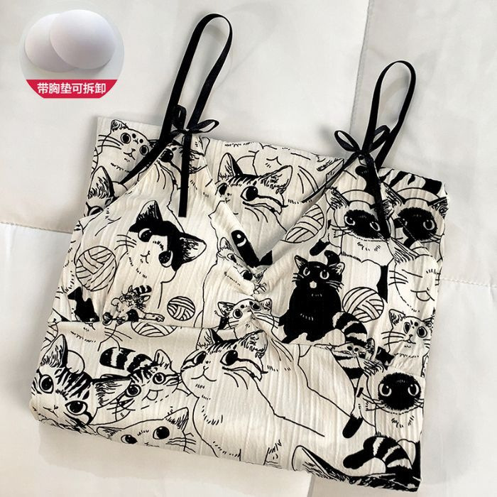 Pijama de verano giratorio desmontable con cojín de pecho dulce lindo vestido de algodón arrugado ropa para el hogar