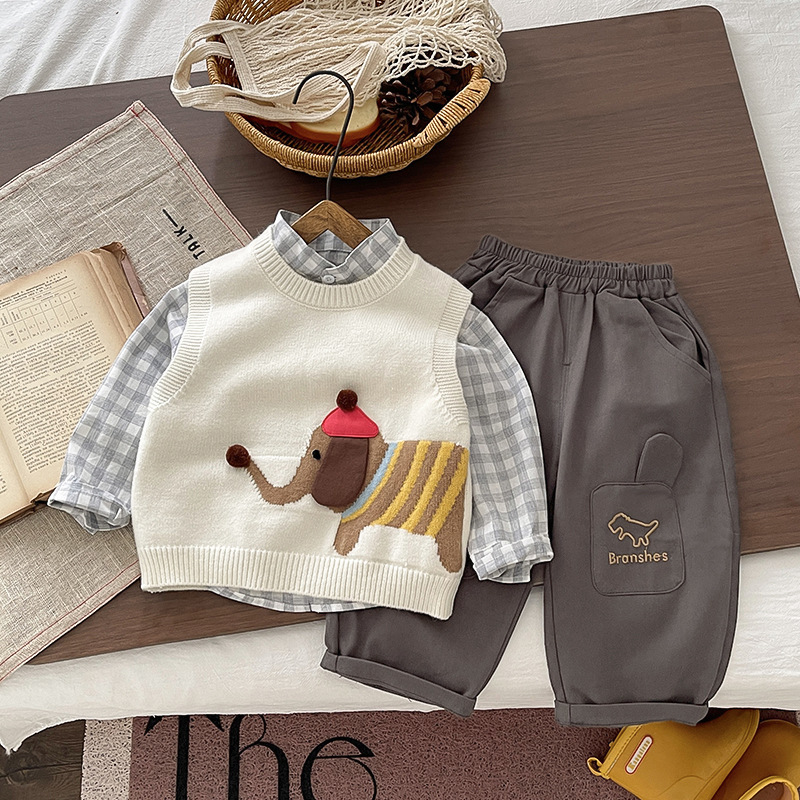 Baby Boy Spring and Autumn Three-Piece Set: Cartoon Elephant Knit Vest Suit, Children's Korean-Style Plaid Shirt, Casual Long Pants