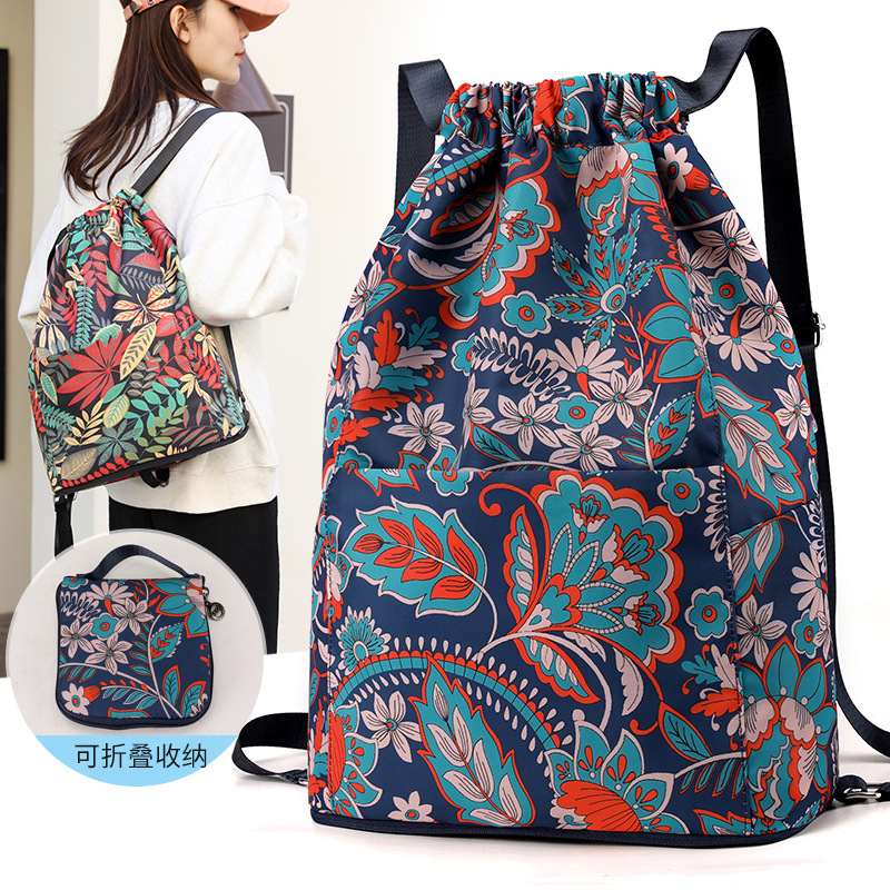 Printed Drawstring Backpack for Women, Large Capacity, Waterproof, Foldable, Storage, Sports and Fitness Bag, Drawstring Pocket, Travel Backpack