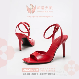 新品细跟露趾凉鞋女高跟鞋脚踝绊带高跟鞋气质时尚方头高跟凉鞋