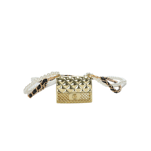 Women's Small Scandalous Style Metal Engraved Mini Pearl Chain Gingham Crossbody Bag Necklace Accessory Bag  Model