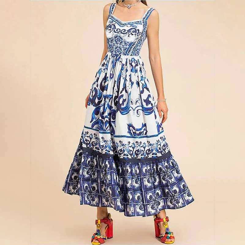 Robe longue évasée à bretelles imprimée, style bohème chic, collection printemps 2026, inspirée des tendances européennes et américaines._voghion.com