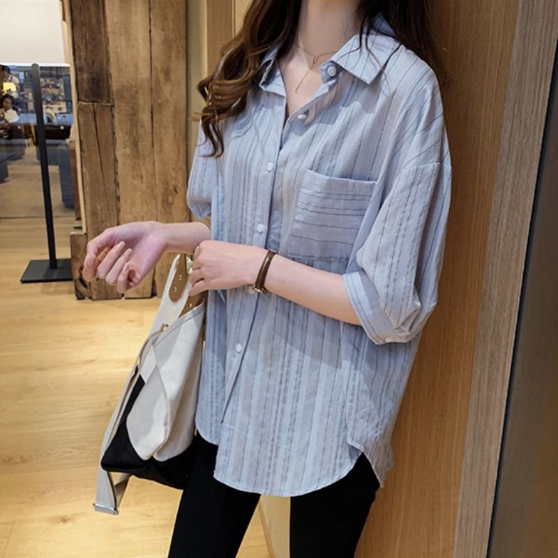 Plus Size Mid-Length Shirt for Women, Spring and Autumn, Mid-Sleeve, Vertical Stripes, Tummy-Concealing, Loose Base Shirt