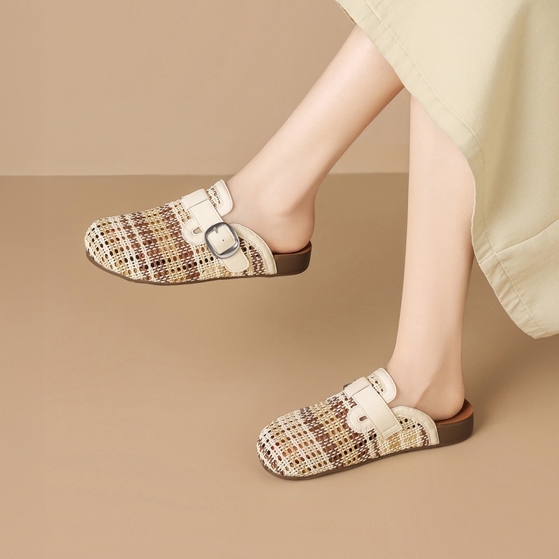 Dép sandal nữ quai chữ V dệt hở thoáng khí, đế bệt — AB211 Màu be