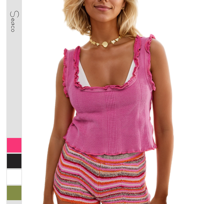 European and American Export Women's Clothing Amazon 2024 Women's Square Collar Knitted Vest Pure Color Fungus Edge Pullover T-Shirt