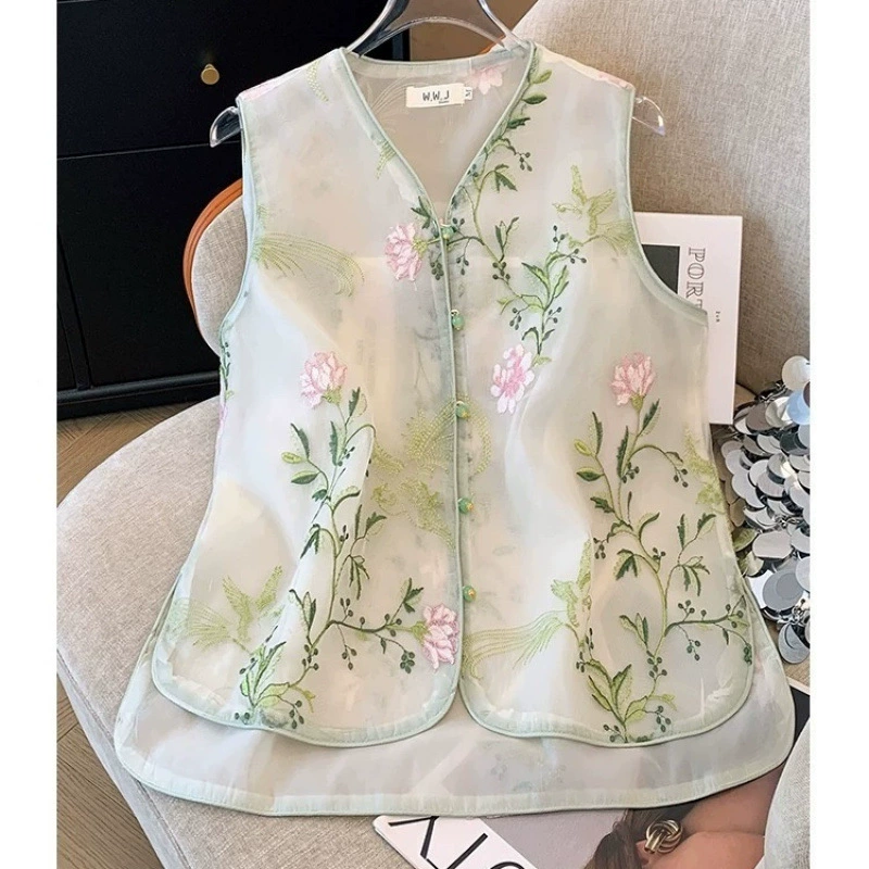 Летний жилет в китайском стиле 2025 года, тонкий, с тяжелой вышивкой, без рукавов, жилет-топ