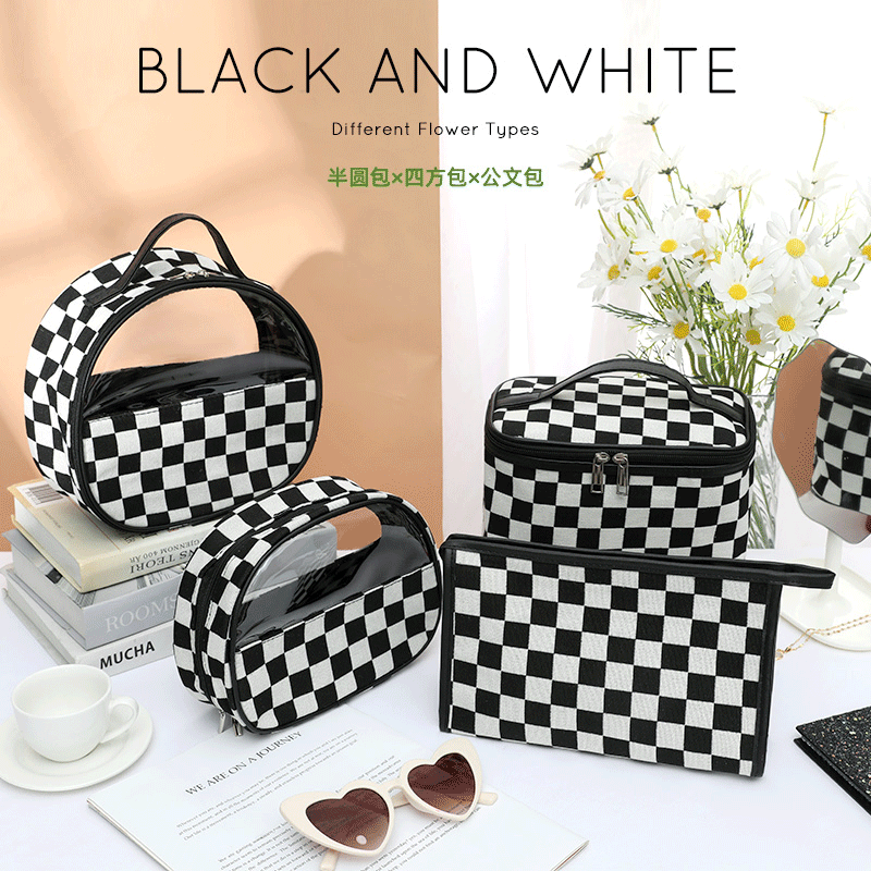 Bolsa de cosméticos estilo 2025, bolsa de cosméticos a cuadros, serie blanco y negro, bolsa de almacenamiento impermeable.