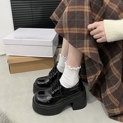 黑色英倫風百搭加絨厚底小皮鞋女2024新款秋冬粗高跟深口單鞋