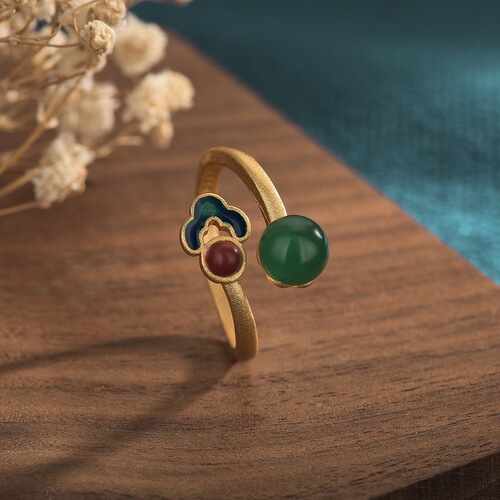 Internet celebrity live broadcast with goods source ancient gold ethnic style enamel burnt blue cloisonné women's open chalcedony ring