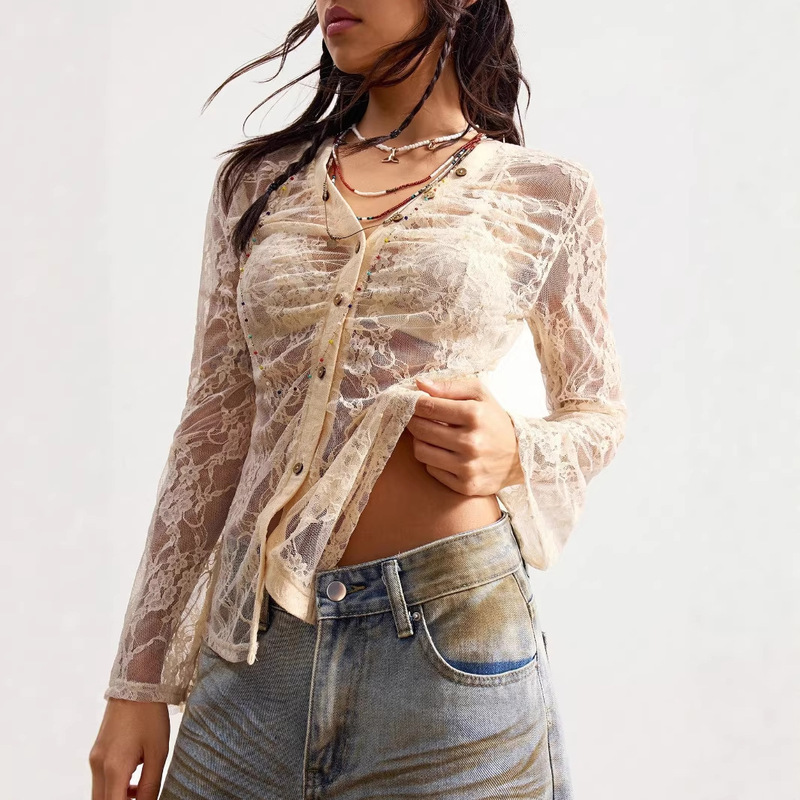 Cross-Border Foreign Trade 202 Spring New Lace Shirt Slim Fit Niche Design Workwear Slightly Sheer Top for Women